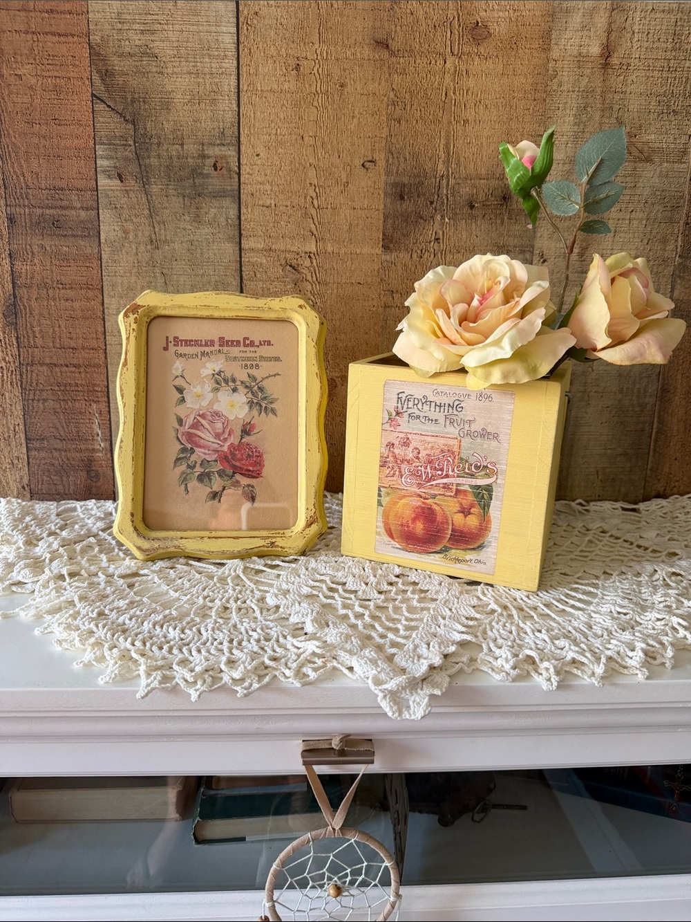 Upcycled Cottagecore Yellow Tabletop Decor Set- Picture frame and Tote
